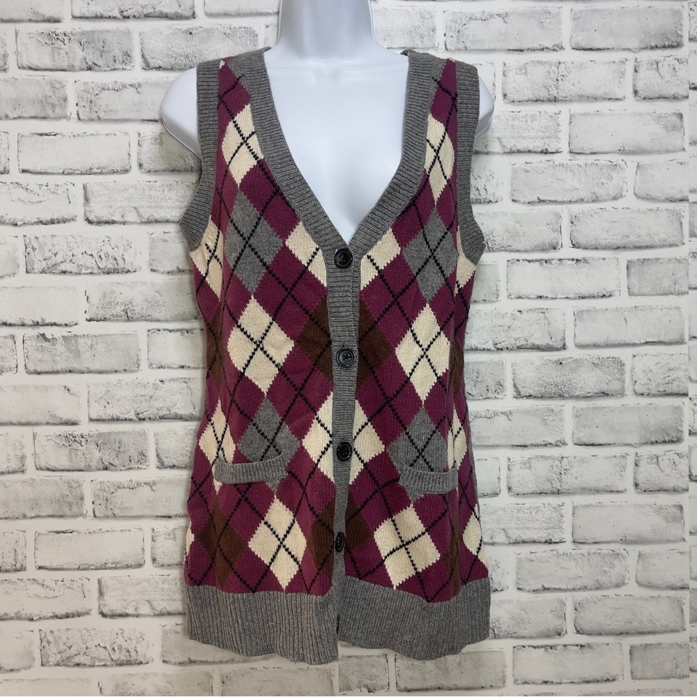 Cabi Argyle Wool Blend Button Front Belted Vest S… - image 3